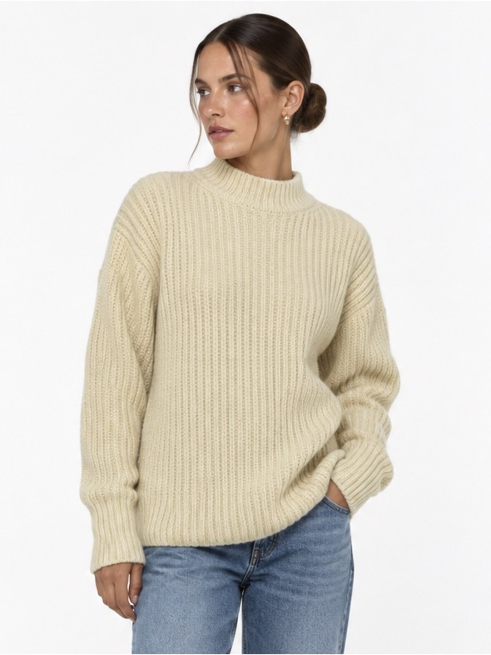 Zara Cream Chunky Knit Mock Neck Sweater Womens Medium Ribbed Pullover